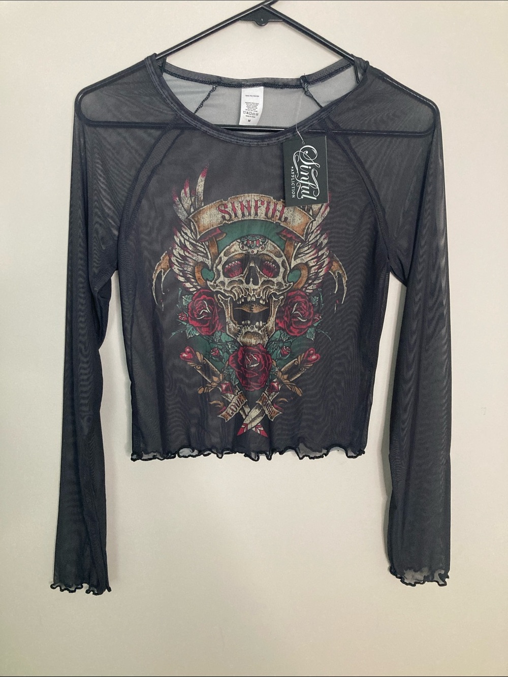 SinfulBlack Sheer Long Sleeve Crop Top with Red Rose & Gold Skull Graphic